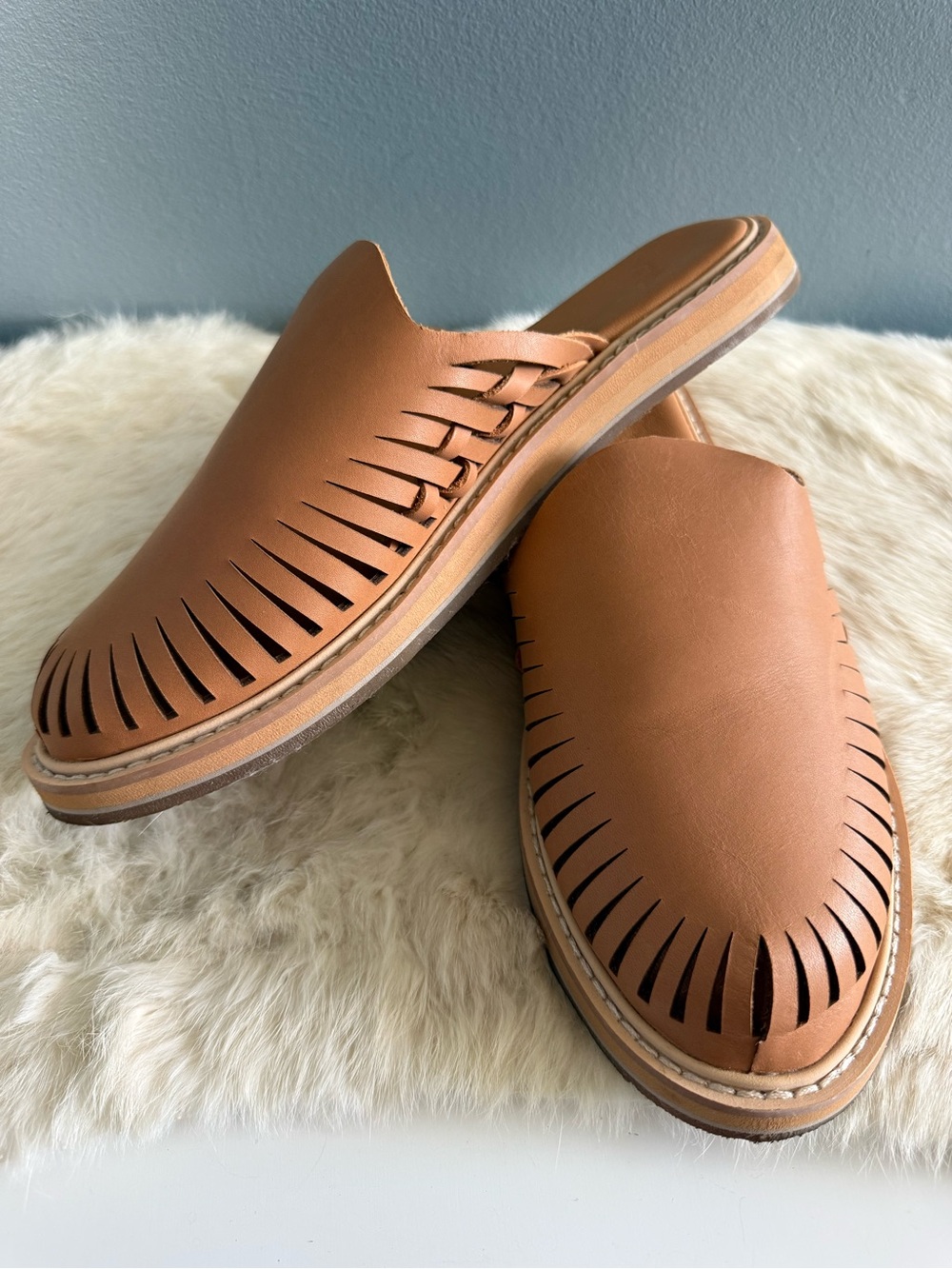 Sanuk You Huarache Tan Leather Woven Mules